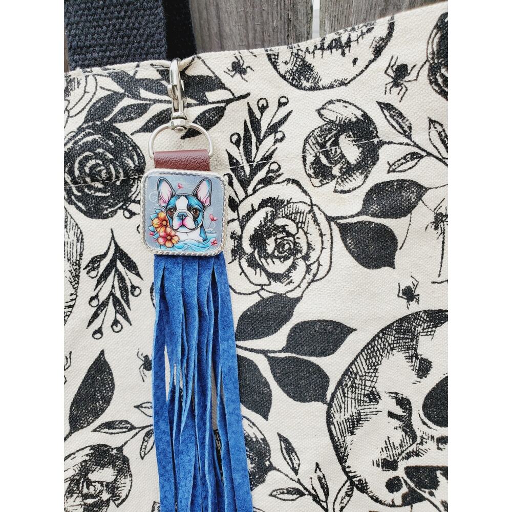 Handmade boho Boston terrier Gift Leather Fringe Western bag charm keychain